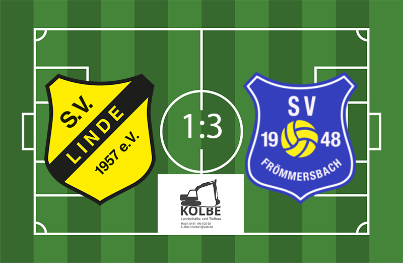 Grünes Spielfeld-Layout mit den Vereinswappen SV Linde und SV Frömmersbach sowie dem Spielstand 1:3 in der Spielfeldmitte.