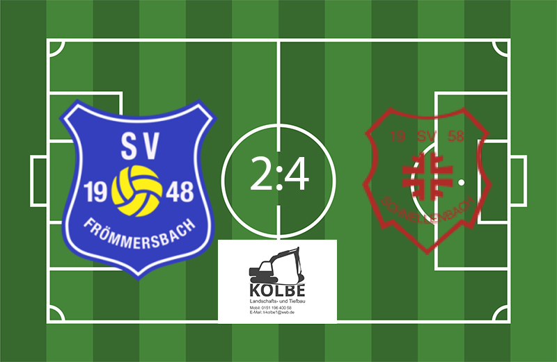 Auf einem grünen Fußballfeld zeigt das Ergebnis 2:4 die Logos SV Frömmersbach und SV Schnellenbach, blaues Wappen und rotes Emblem.