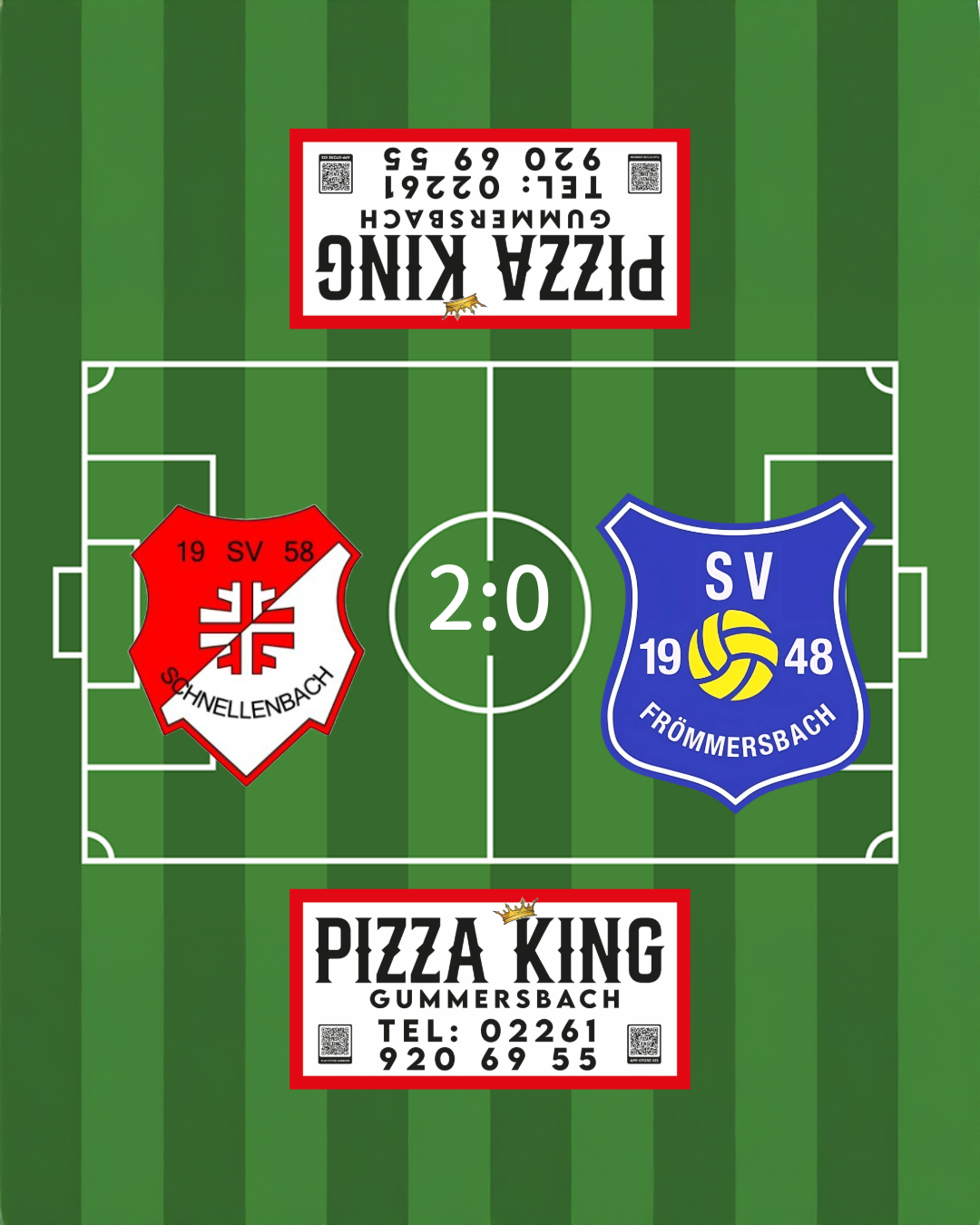 Grafik mit dem Endstand 2:0 zwischen Schnellenbach und SV Frömmersbach auf einem Fußballfeld.