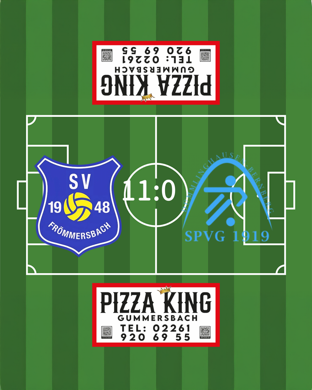 Ergebnisanzeige eines Fußballspiels zwischen SV Frömmersbach und SPVG 1919 mit einem Endstand von 11:0.