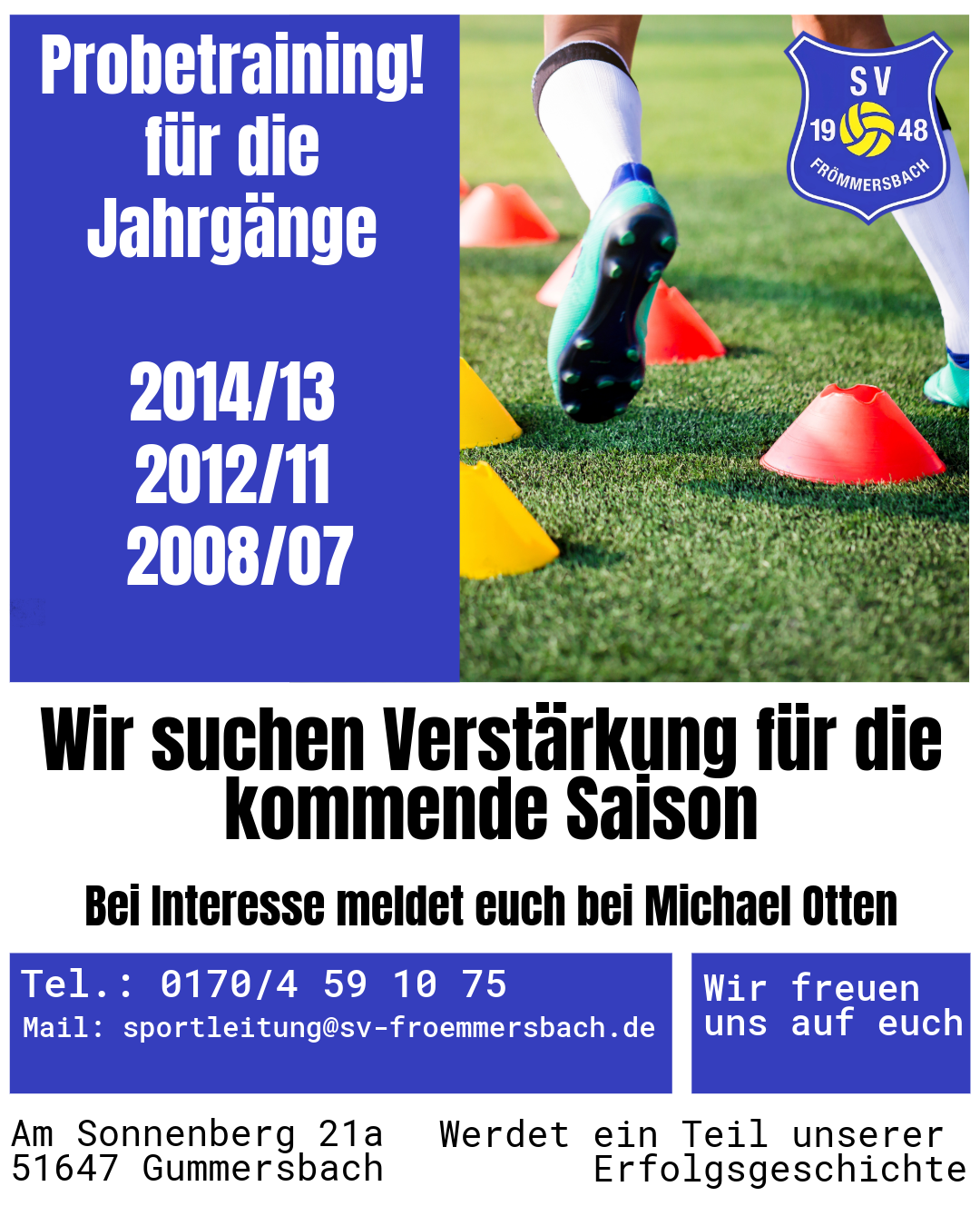 „Einladung zum Probetraining des SV Frömmersbach für Jugendspieler der Jahrgänge 2008/07, 2012/11 und 2014/13. Fußballspieler im Training auf dem Rasen mit Vereinslogo.“