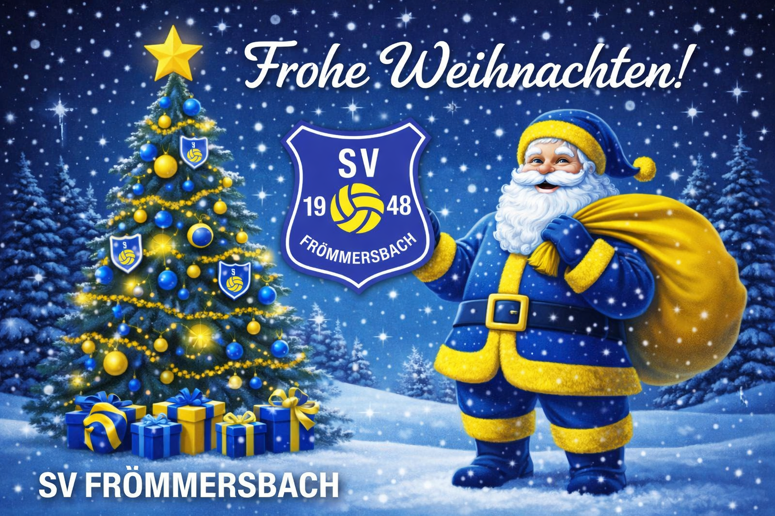 Weihnachtlicher Santa Claus mit blauer Kleidung, Weihnachtsbaum und Geschenken vor einem n&auml;chtlichen Himmel.