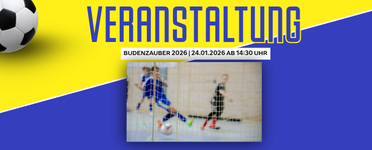 Sportveranstaltung Budenzauber 2026 mit Spielern in blauen und schwarzen Trikots in einer Halle.