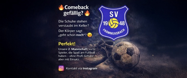 Grafik von SV Fr&ouml;mmersbach 1948 e.V. mit einem Fu&szlig;ball und einem Vereinswappen auf dunklem Hintergrund.
