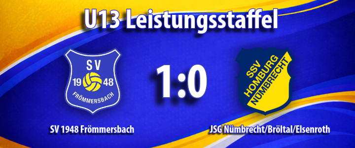 U13-Leistungstafel mit SV 1948 Fr&ouml;mmersbach und JSG N&uuml;mbrecht/Br&ouml;l/Elsenroth, 1:0, blau-gelber Hintergrund mit logos links und rechts