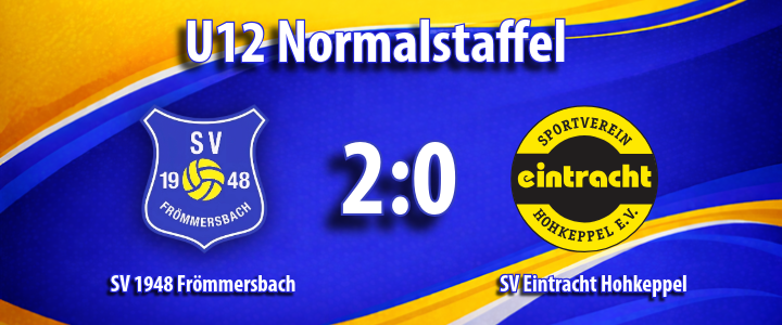Banner mit U12-Normalstafel, Blau- und Gelbverlauf, logos der SV 1948 Fr&ouml;mmersbach und SV Eintracht H&ouml;hkeppel, Ergebnis 2:0, klare Typografie