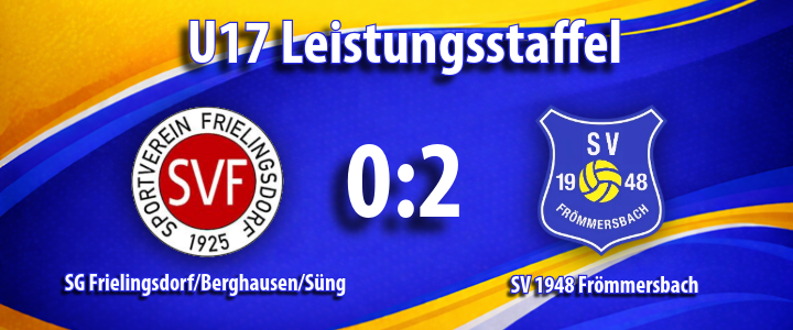 Logo der SG Frielingsdorf/Berghausen/S&uuml;ng neben dem Vereinslogo SV 1948 Fr&ouml;mmersbach, U17 Leistungsstaffel, Hintergrund in Blau-Gelb, klare Kontraste