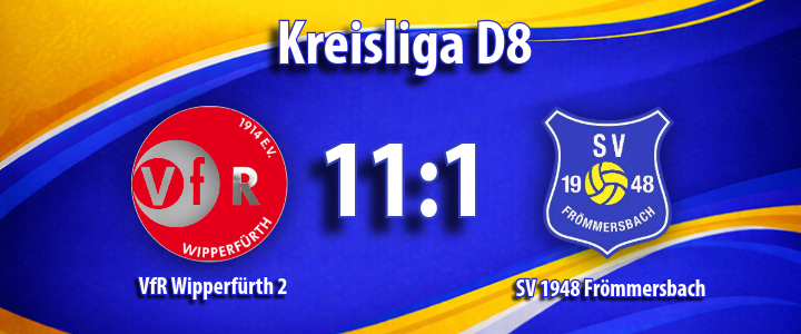 Kreisliga D8 Spielbericht mit blauem und orangefarbenem Hintergrund, zeigt das Ergebnis 11:1, Links VfR Wipperfürth 2, rechts SV 1948 Frömmersbach, klare Typografie