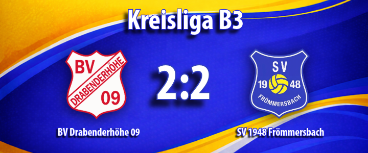 Kreisliga B3 Grafik mit dem Spielstand 2:2 zwischen BV Drabenderh&ouml;he 09 und SV 1948 Fr&ouml;mmersbach, farbiger Hintergrund in Blau- und Gelbt&ouml;nen, erw&uuml;nschte Vereinslogos beider Mannschaften sichtbar