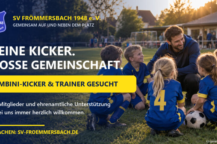 KI-generiertes Symbolbild: Bambini-Fu&szlig;ballerinnen und -Fu&szlig;baller in blauen Trikots sitzen auf einem Sportplatz gemeinsam mit ihrem Trainer im Kreis. Dar&uuml;ber steht der Aufruf &bdquo;Kleine Kicker. Gro&szlig;e Gemeinschaft.&ldquo;