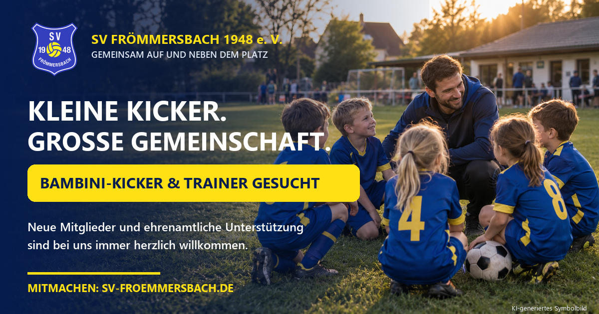 KI-generiertes Symbolbild: Bambini-Fußballerinnen und -Fußballer in blauen Trikots sitzen auf einem Sportplatz gemeinsam mit ihrem Trainer im Kreis. Darüber steht der Aufruf „Kleine Kicker. Große Gemeinschaft.“