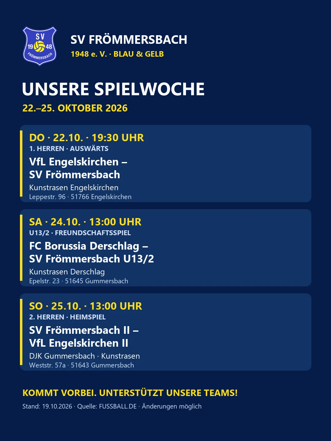 SVF-Spielübersicht vom 22. bis 25. Oktober 2026 mit Gegnern, Uhrzeiten und Spielorten