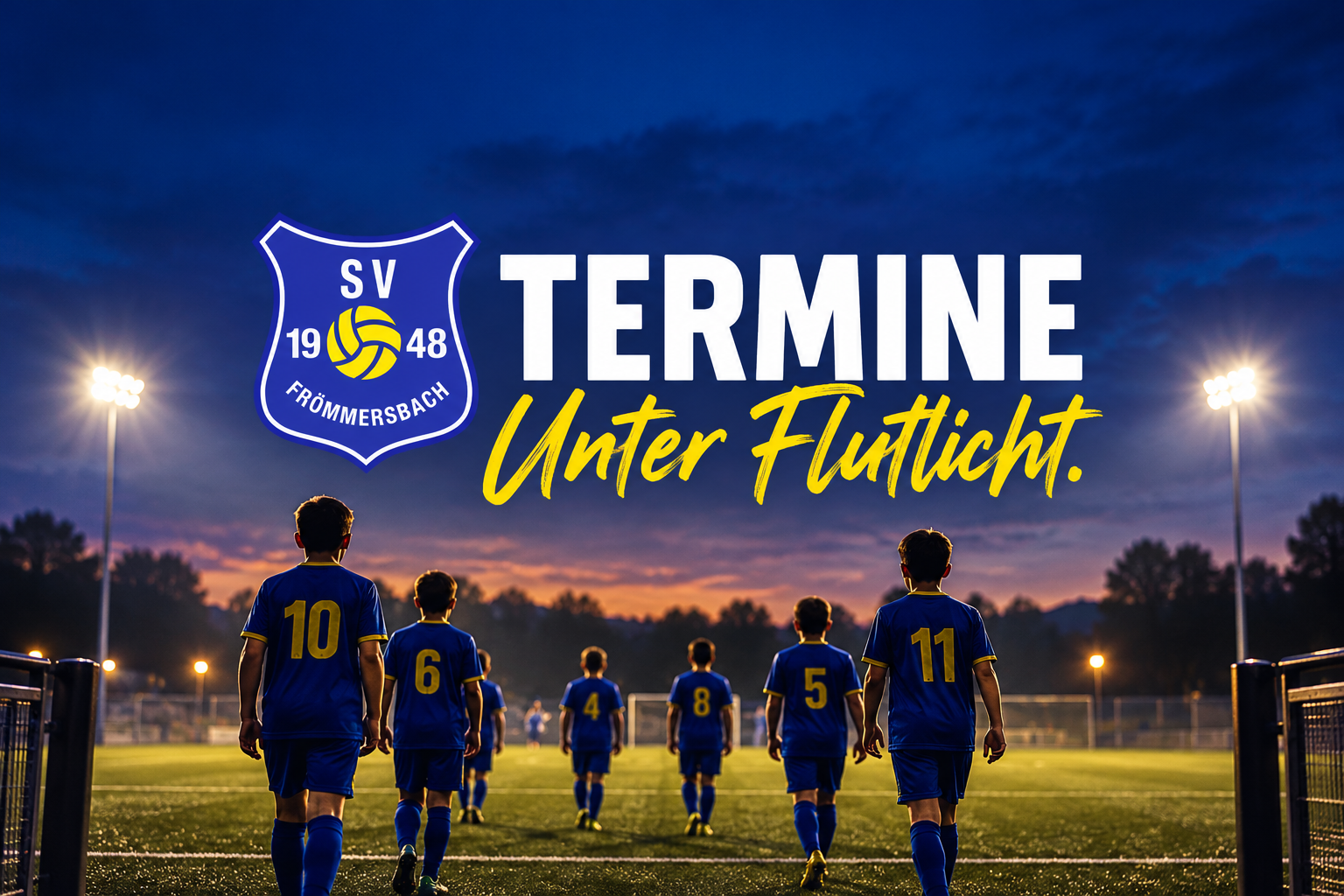 Termine unter Flutlicht: SVF-Wappen und symbolische Fußballszene in Blau und Gelb.