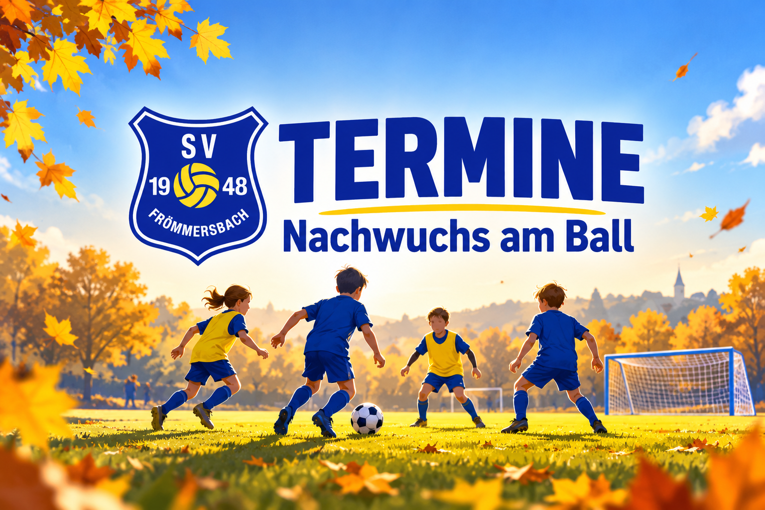 Termine: Unser Nachwuchs am Ball. SVF-Wappen und symbolische Kinderfußballszene in Blau und Gelb.